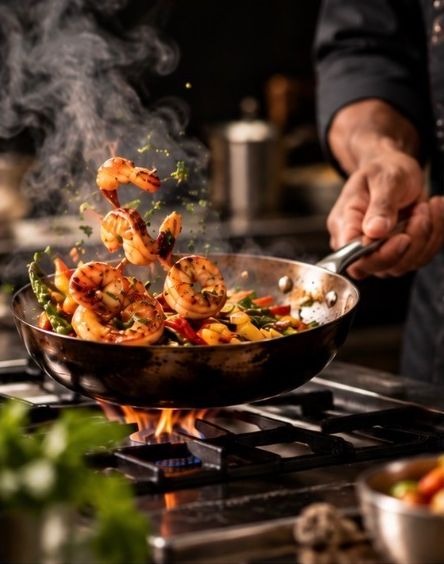 A chef tossing shrimp and vegetables in a flaming pan on a stove