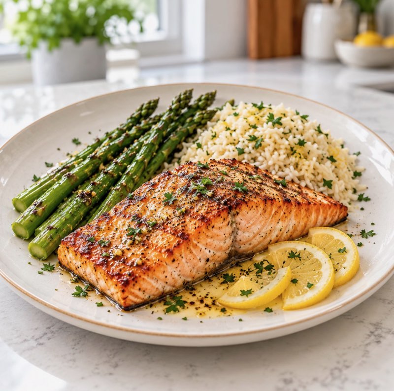 Seared salmon with roasted asparagus, herbed rice and lemon slices on a white plate