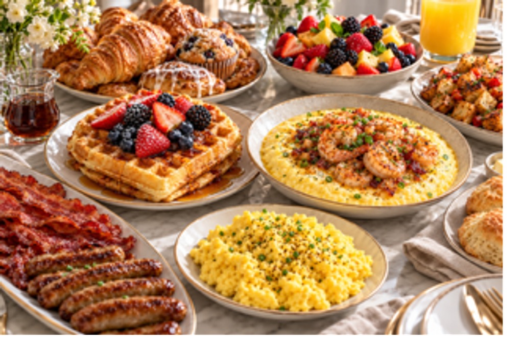 Waffles, shrimp and grits, eggs and fresh fruit