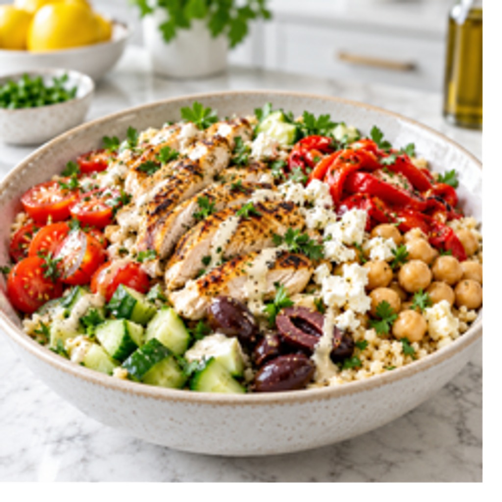 Grilled chicken grain bowl with vegetables, chickpeas and feta